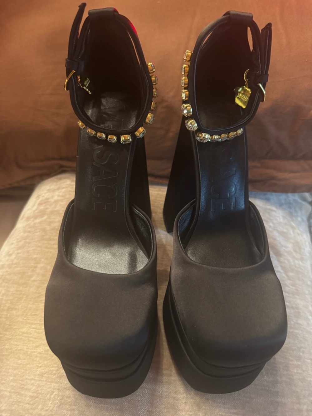 Versace Black Platform Ankle-Strap Sandals with Gold Crystal Trim